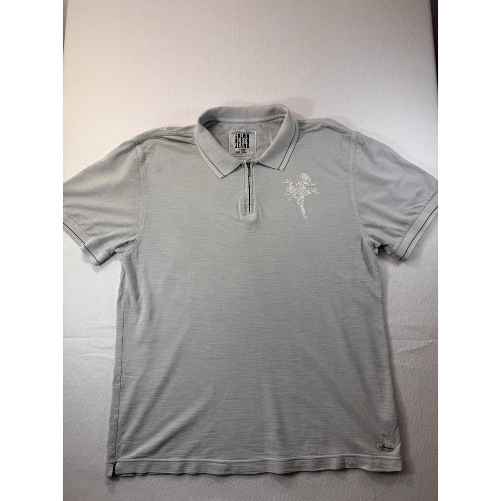 Calvin Klein Jeans Mens 1/4 Zip Short Sleeve Polo 2XL Gray Lady Skull Casual VTG